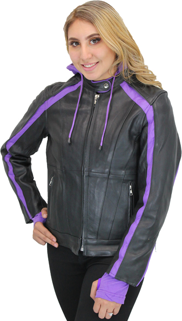 LC6555 Women's Motorcycle Leather Jacket with Removable Purple Hoodie ...