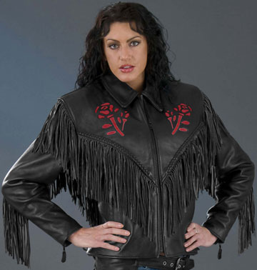 The Rose Ladies Leather Biker Jacket with Fringes and Rose Embelm
