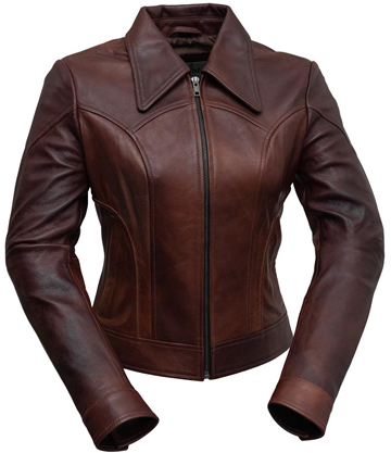 B1382 Ladies Distress Wine Lambskin Short Zipper Jacket