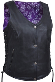 LV6890 Purple Paisley Liner Leather Vest with Side Laces