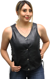 LV6890 Ladies Leather Vest with Purple Paisley Inside Liner Panel Front View
