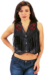 Click here for the Ladies Red Rose Vintage Motorcycle Leather Vest with Fringe & Braid