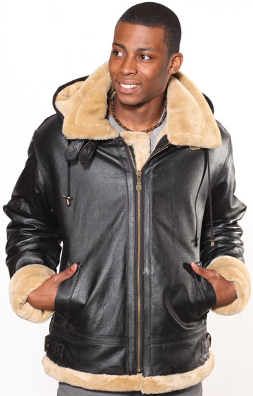 A3109 Black Mens Leather Coat with Beige Fur and Removable Zipper Hood