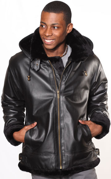 A3109 Black Mens Leather Coat with Black Fur and Removable Zipper Hood