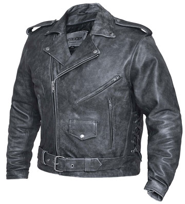 C12GN Classic Tombstone Distress Grey Leather Biker Jacket with Crossover Collar