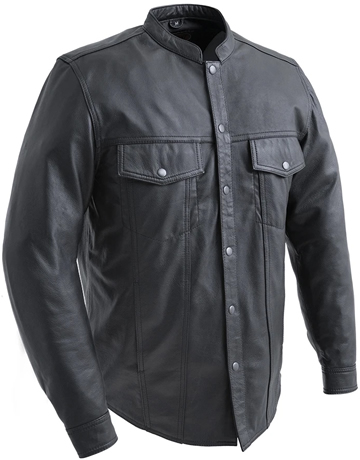 C404 Mens Leather Shirt with Mandarin Collar and Hidden Zipper Large View