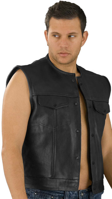 MV19 Boss Mens Leather Motorcycle Club Vest with No Collar Made in the USA Large View