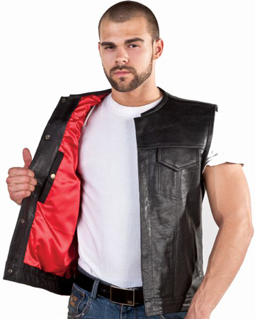 V8002 Mens Leather Motorcycle Club Vest with No Collar and Red Liner Large View