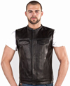 V8007 Mens Leather Motorcycle Club Vest with No Collar and Black Liner Back View