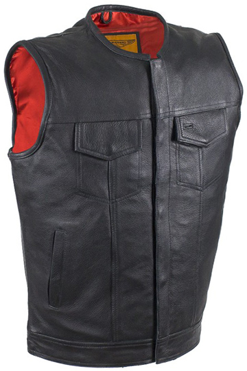 V8002Z Mens Leather Motorcycle Club Zipper Vest No Collar Red Liner Large View