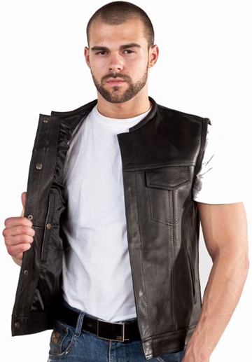 V8007 Mens Leather Motorcycle Club Vest with No Collar and Red Liner ...