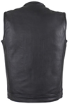 V8002Z Mens Leather Motorcycle Club Zipper Vest No Collar Black Liner Back View