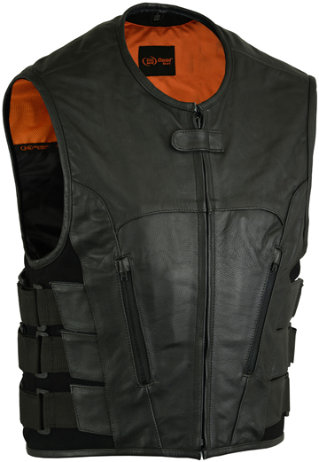 V007 Men’s Black Leather Tactical SWAT Style Vest with Velcro Straps Larger View