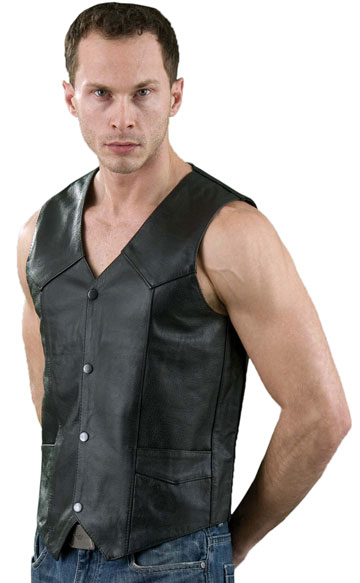 V100 Mens Leather Motorcycle Basic Vest with Plain Sides Large View