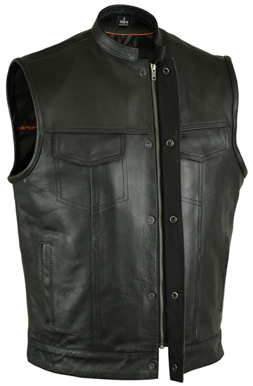 V188Z Men’s Leather Club Vest with Square Finish Mandarin Collar and Hidden Snaps and Zipper Larger View