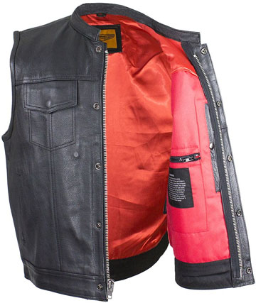 V316Z Red Liner Leather Club Vest with Snaps and Hidden Zipper