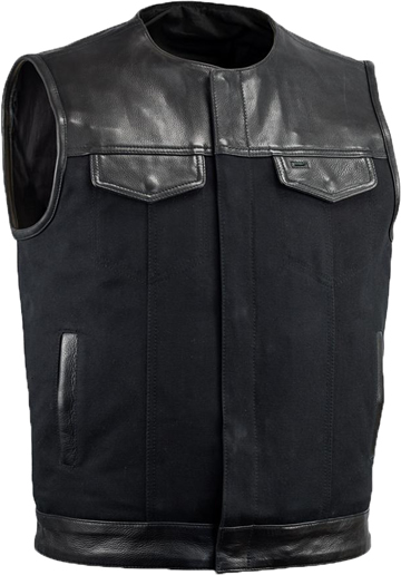 V4951CV-No Collar Mens Heavy Canvas and Premium Leather Trim Motorcycle Club Zipper Colarless Vest Larger View