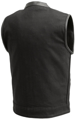 V4951CV-No Collar Mens Heavy Canvas and Premium Leather Trim Motorcycle Club Zipper Colarless Vest Back View