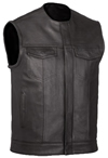 V639 Mens Leather Club Vest with Short Mandarin Collar and Hidden Snaps and Zipper Front View
