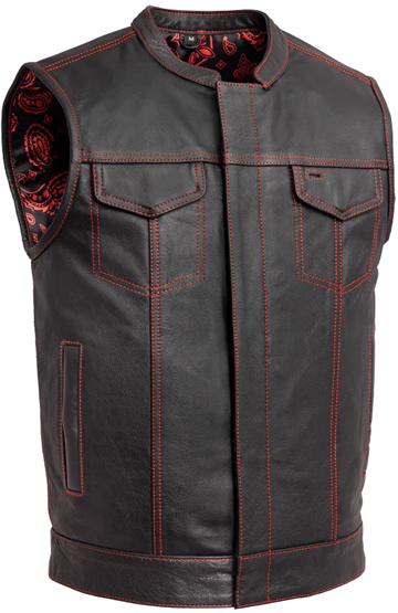 V694 Leather Club Vest with Red Stitching and Paisley Liner Larger View