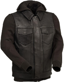 V697 Men’s Leather Club Vest with Removable Hoodie, Hidden Snaps and Zipper Cover wih Outer Gun Pocket Access