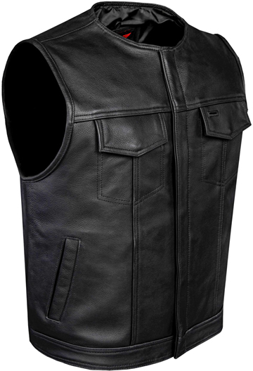 V78008Z Leather Motorcycle Club Zipper Vest with Flush Collar